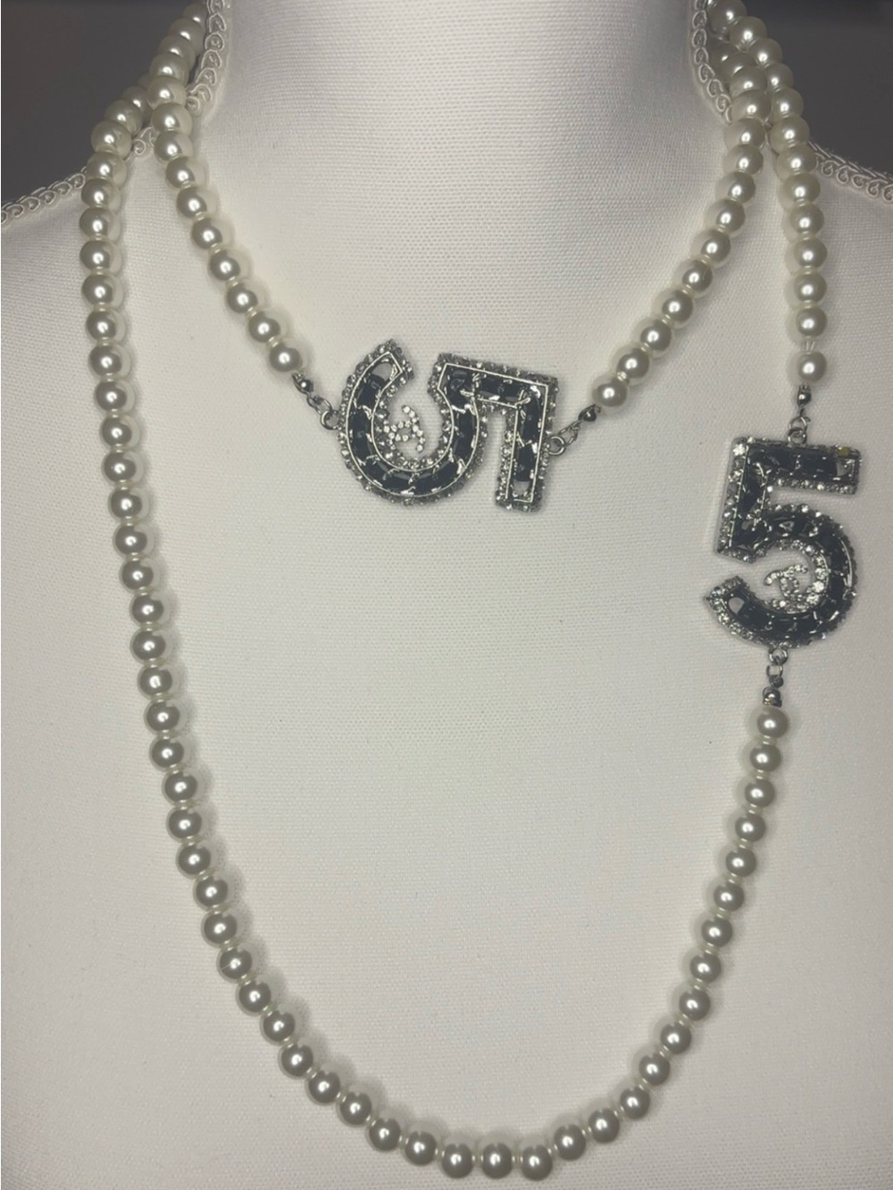 Pearl Necklace with Crystal Number Charms - White